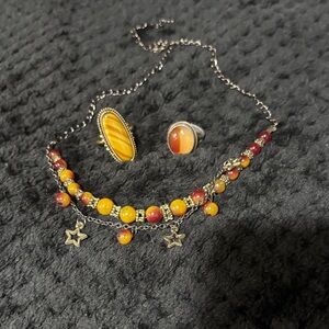 Elegant Yellow and Red Beaded Necklace and Ring Set (tigers eye?)